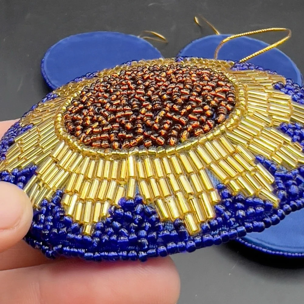 Sparkling Golden Sunflower Seed Bead Ornaments Blue Satin Fabric  3